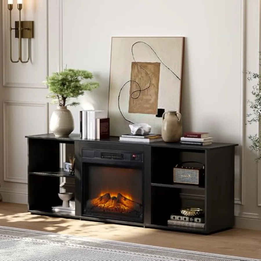 

Modern Entertainment Center with Electric Fireplace Heater and Two Open Adjustable Shelves for Living Room Designed to Support