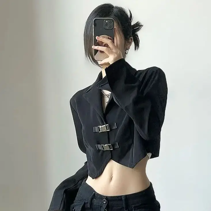 

Blazer Buckle Belt Irregular Cropped Black Women Long Sleeve Suit Jacket Fashion Blazer 2024 Casual Streetwear Short Jacket