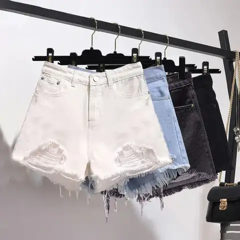 여름 여성 카우보이 반바지 한국어 하이 웨스트 캐주얼 데님 반바지 포켓 술 천공 찢어진 구멍 Y2K 여자 흰색 청바지