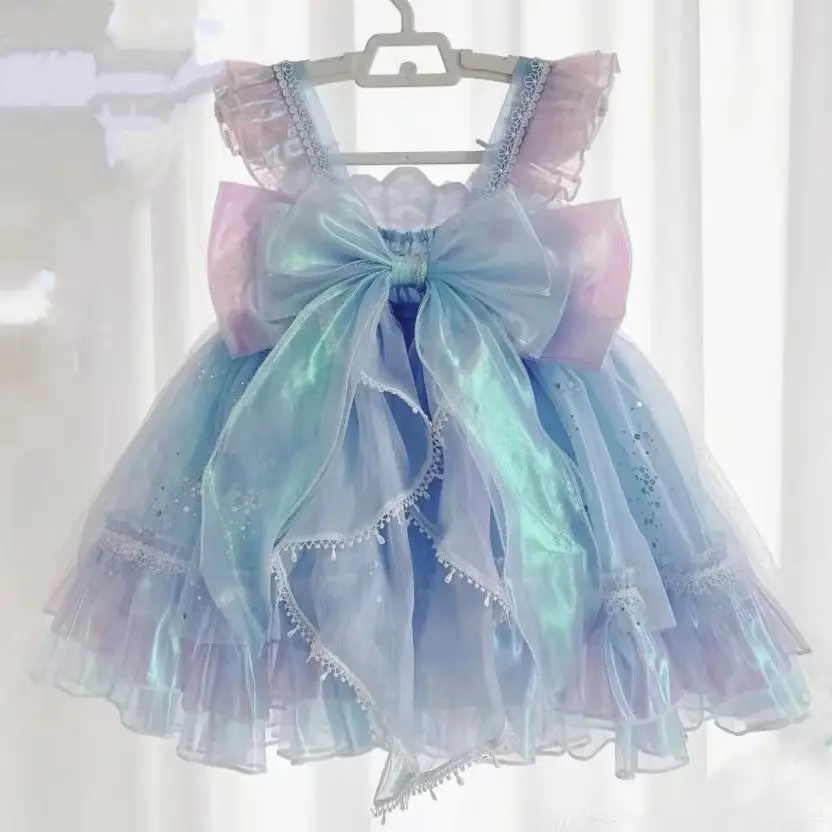 

Summer Backless Lolita Ball Gown Girls Kids Sets Princess Shiny Dress Birthday Party Children's Gauze Clothing Bow Sundres