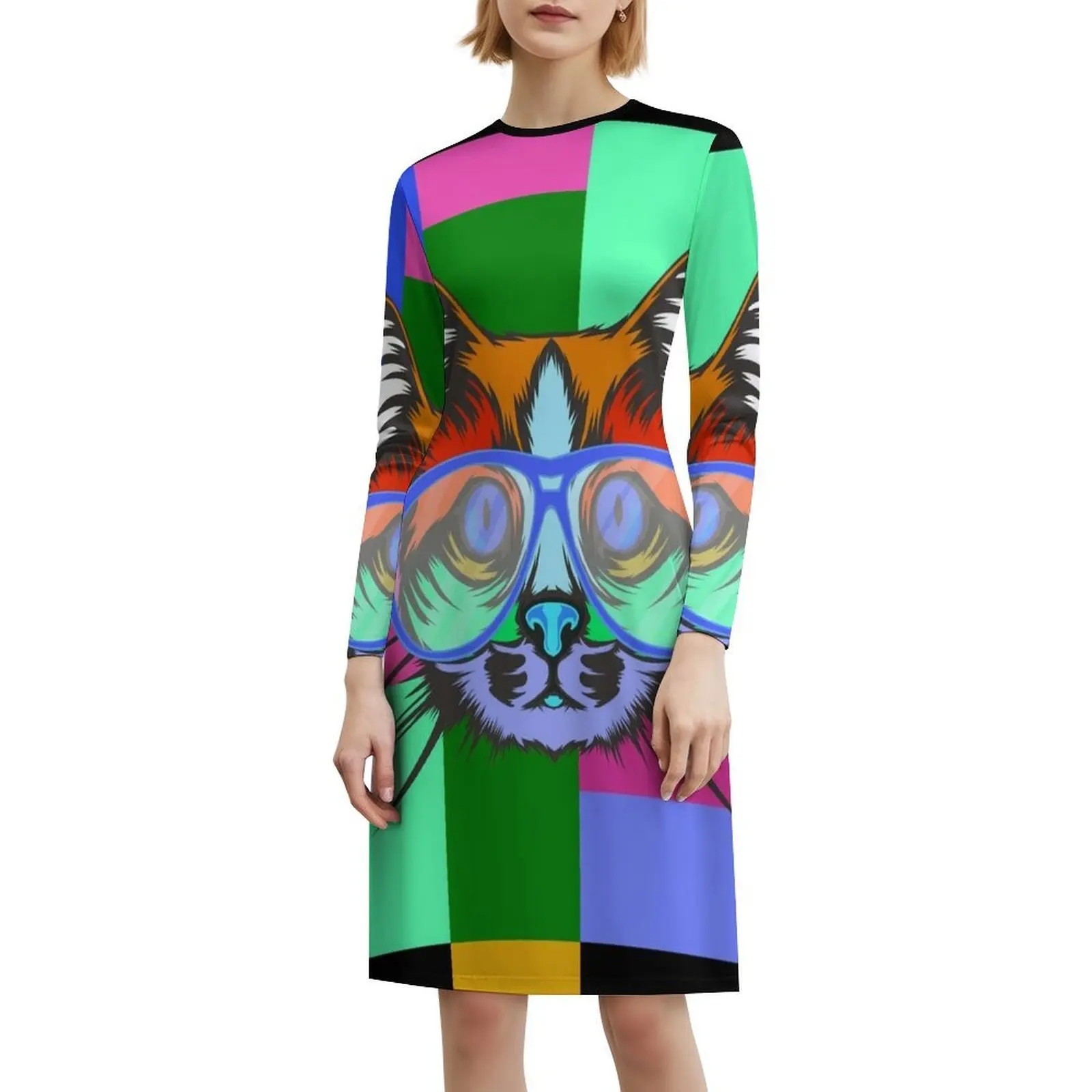 فستان كيتي بوهيمي بدون أكمام متعدد الطباعات لحفلات العطلات على الشاطئ، فستان كات كيتي كات مع نظارات ملونة لفن البوب، فستان سهرة #6