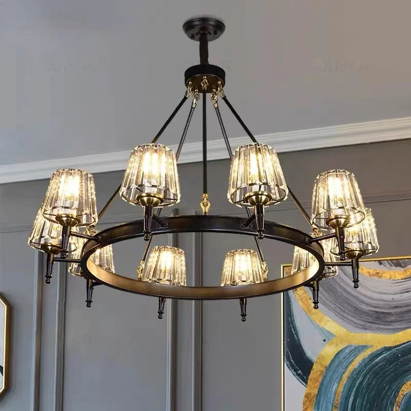 American black Metal ring chandelier Led K9 Crystal lamp for living room Retro minimalist industrial dining Hanging Lamp