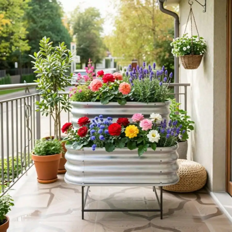 Tall Galvanized Oval Raised Garden Bed, Staggered 2‑Tier Metal Patio Planter For Veggies Herbs & Flowers, Silver, 37 InchGardening Pots, Planters & Accessories