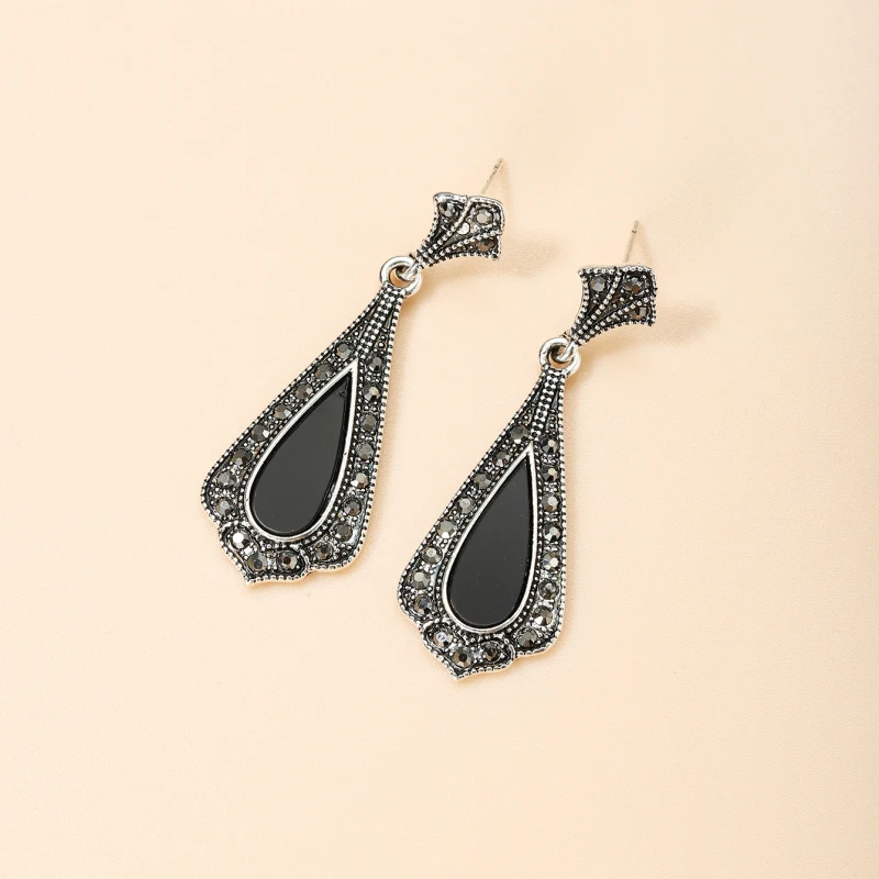 Free Shipping Vintage Teardrop White Natural Stone Earrings Girls Jewelry Gun Black Inlaid Zirconia