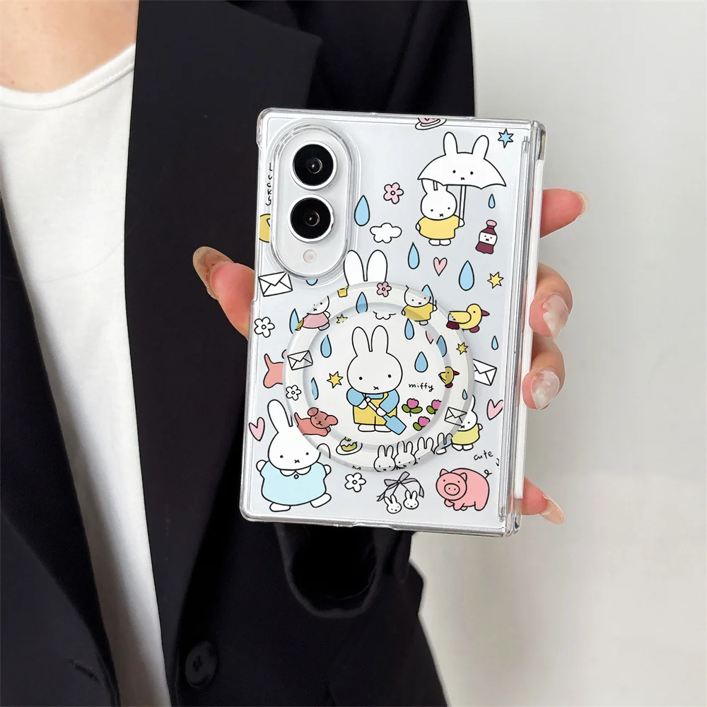 Cute Rainy Day Miffy Rabbit Magnetic Phone Case For Samsung Galaxy Z Fold 8 Ultra Z Flip 8 Clear Shell Umbrella Shockproof Cover