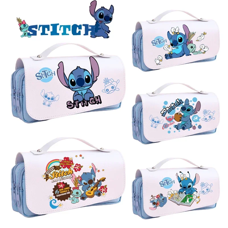 Estuche de lápices portátil de Disney Stitch, bolsa de lápices de gran capacidad de 3 capas con estampado de dibujos animados, impermeable, papelería para estudiantes