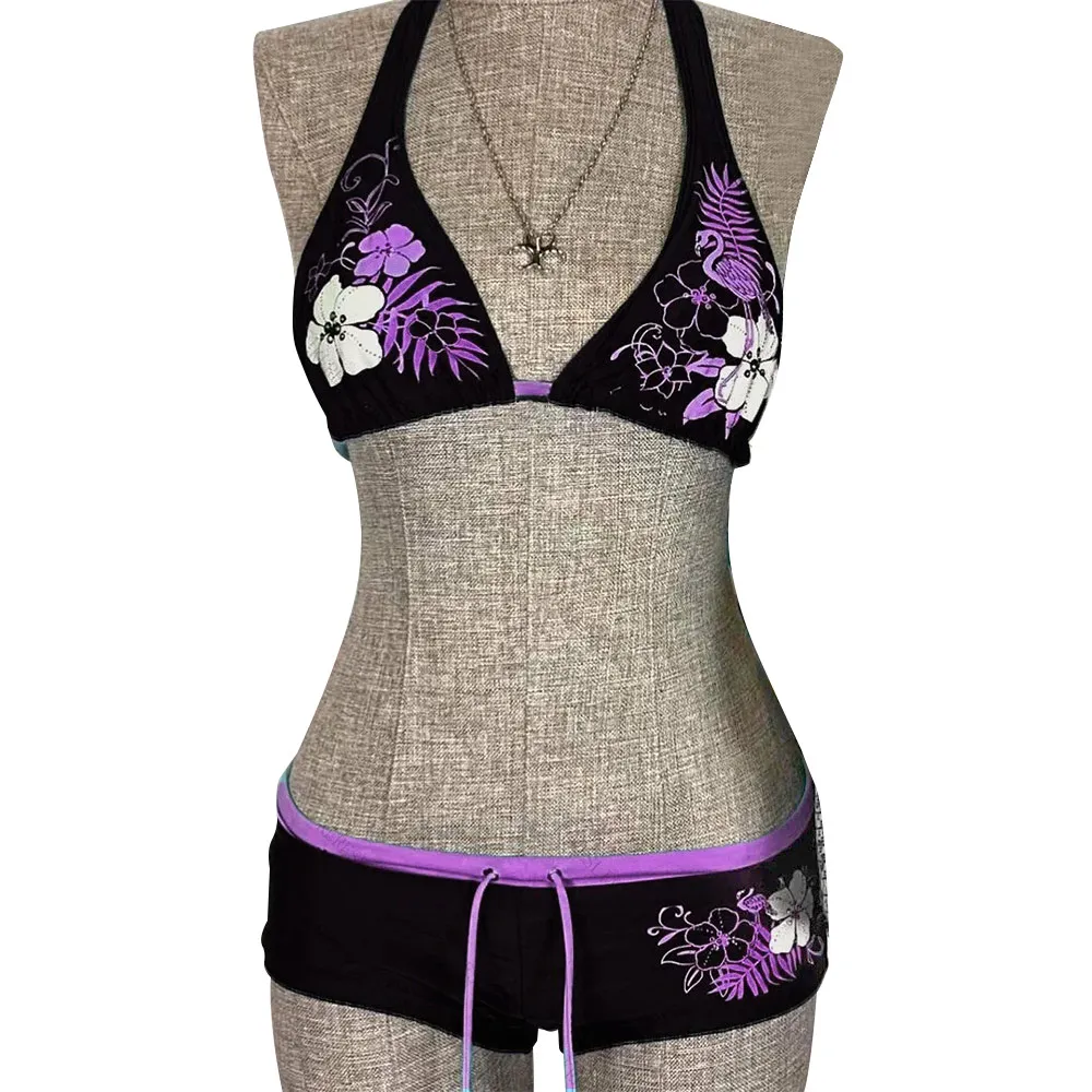 Fashion Vintage Bikini Set Flower Print Adjustable Swimsuit Low Waist Sexy Halter Strap Swimwear Beach Wear