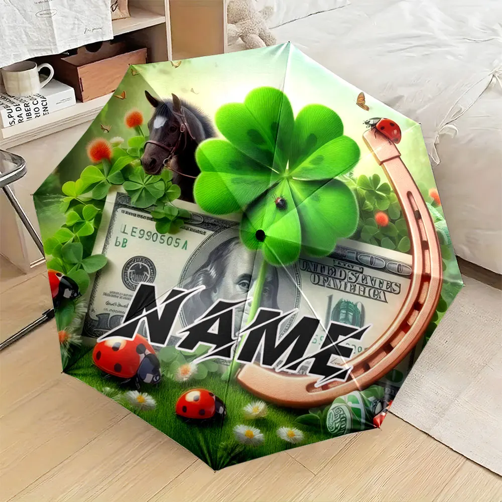Custom Name Umbrella, Lucky Clover and Horseshoe Design Umbrella with Ladybugs Folding Umbrella for Sunny and Rainy,Gift