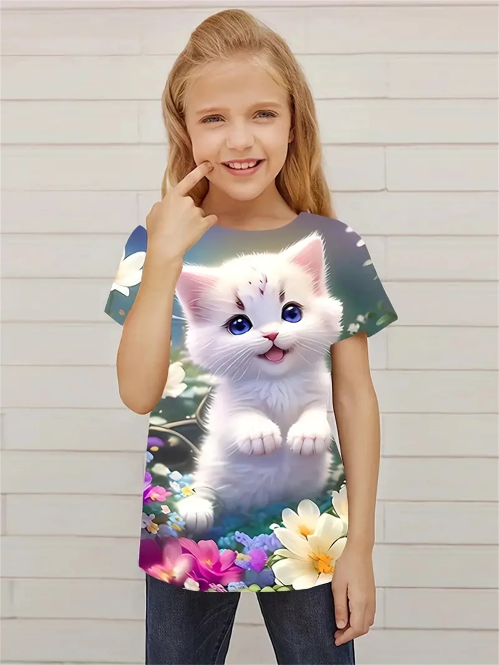 Kinderkleidung T-Shirts für Mädchen 3D Kätzchen Tops Kinder Sommerkleidung Trendige Mädchenkleidung Rundhals Tops T-Shirts für Mädchen