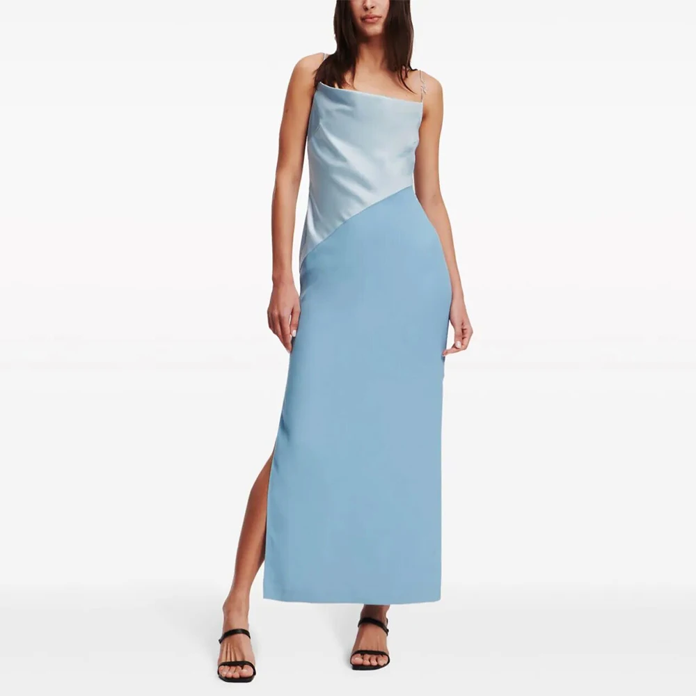 Modern Contrast Color Evening Dress Satin Side Fork Formal Evening Straight Spaghetti strap Women's Evening Gowns