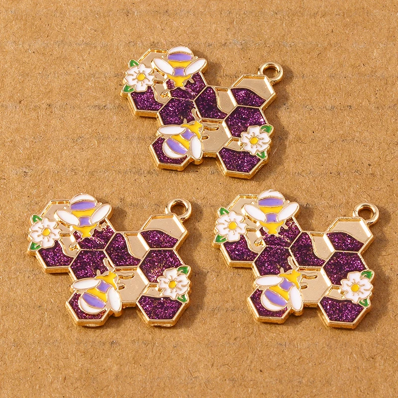 10pcs Cute Enamel Honeycomb Bee Charms Pendant for Making Neckalce Earrings DIY Jewelry Accessories Supplies