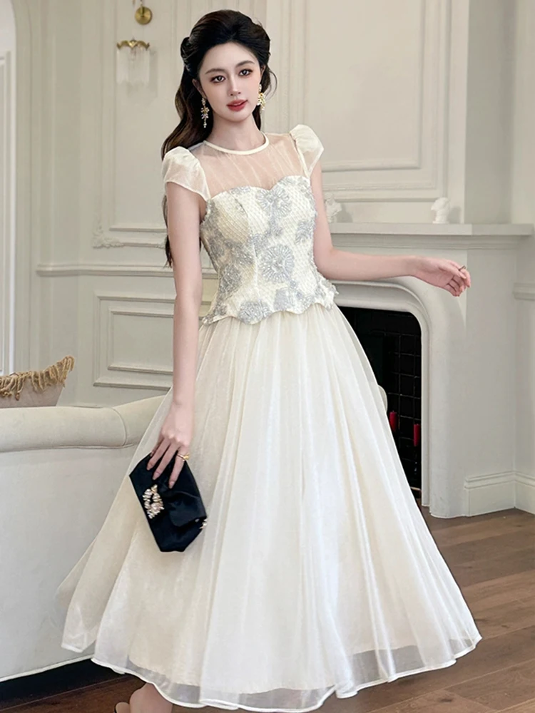 우아한 페어리코어 시스루 튤 이브닝 드레스 여성용 시스루 스윙 맥시 정장 파티 볼 가운 여성 프롬 데이트 드레스