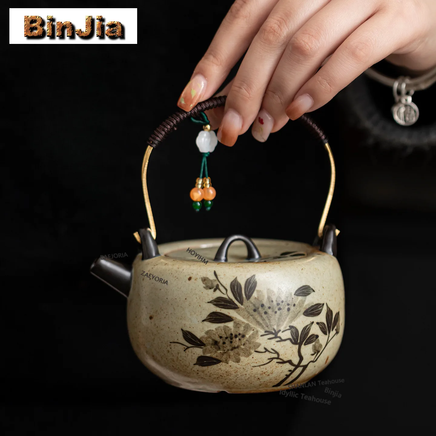 270ml Hand Drawn Peony Hoop Handle Teapot Handmade Tea Infuser Pot Tea Maker Kettle With Ball Hole For Tea Supplies Craft Gift