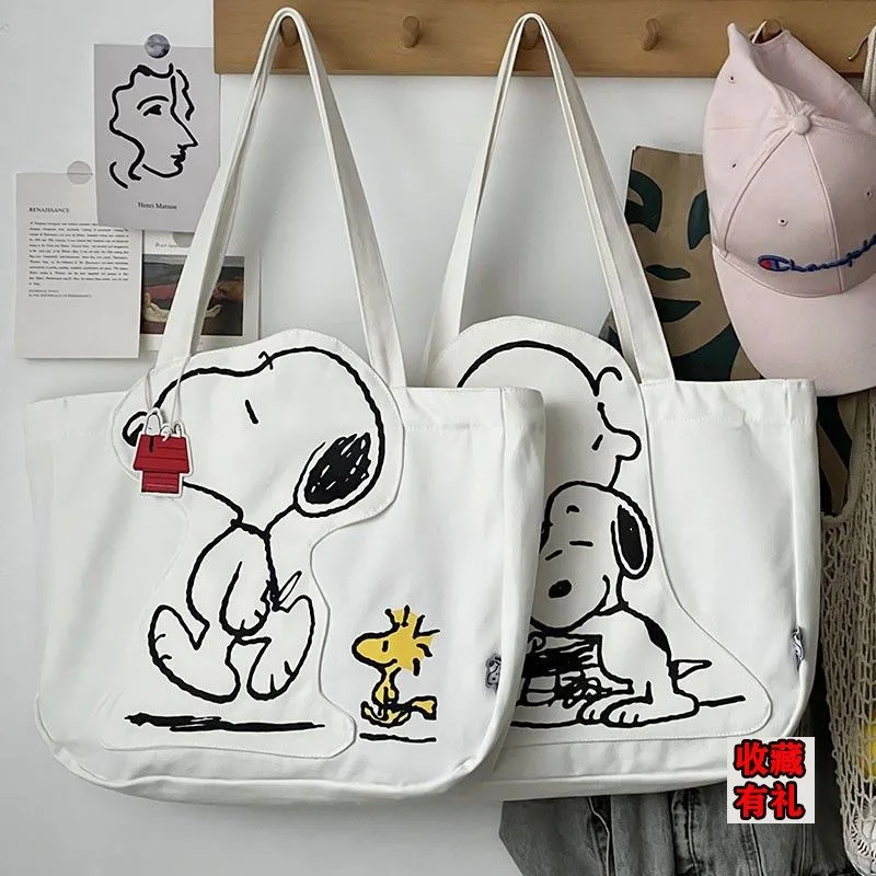 Animazione Snoopy borsa Tote in tela a spalla singola bianca di grande capacità borsa per mamma all\'aperto borsa per libri per IPad zaino per ragazze