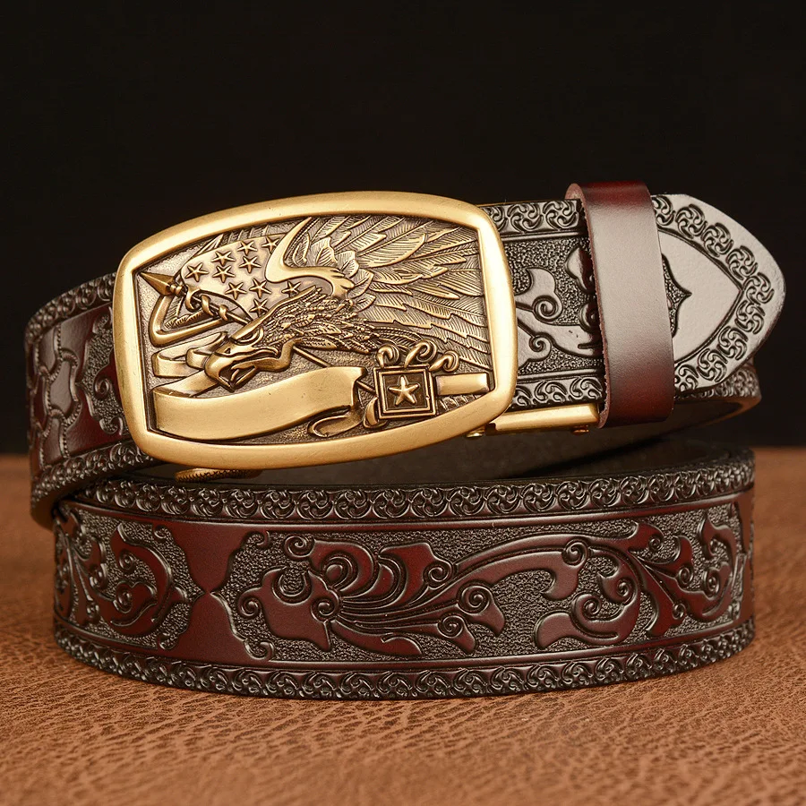 

Automatic buckle men's belt casual and fashionable Tang grass patterned embossed cowhide belt personalized belt