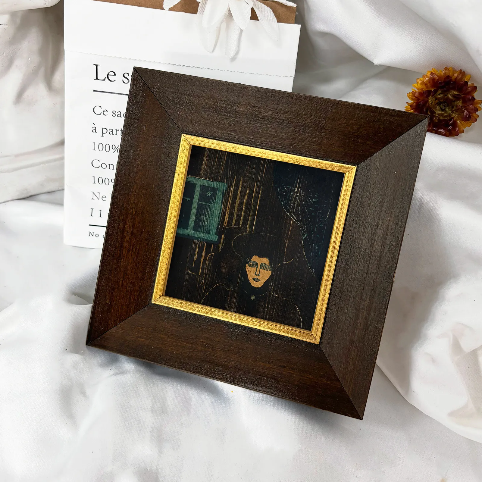 4cm Antique Dark Brown Wood Picture Frame with Gilded Gold Inner Lip, Wide Bevel Recessed Frame for Prints, Landscape Art & Rust