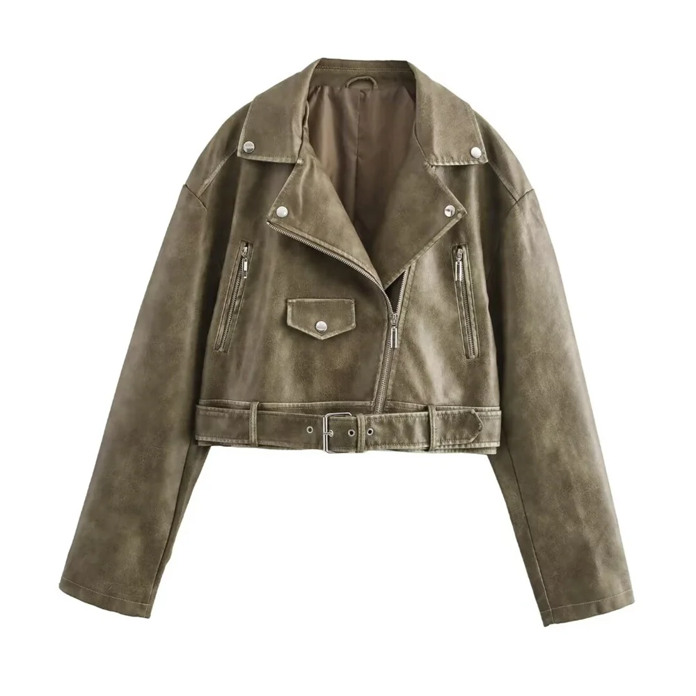 سترة جلدية فضفاضة ذات طية صدر السترة مزخرفة بحزام خصر مغسول فستان نسائي جديد للخريف والشتاء