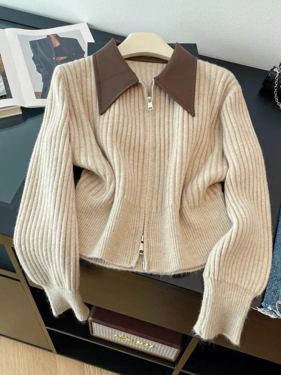 

Color Blo Collar Double Zipper Knitted Open Cardigan Women's Winter New Sweet Spicy Anti-Aging Outerwear Retro Straight Cut