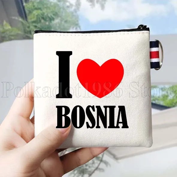 Bosnia Herzegovina Flag Map Bosnian Gifts Canvas Coin Purse Bag Small Square Key Bag Storage Card Bag Cotton Wallet Zipper Pouch