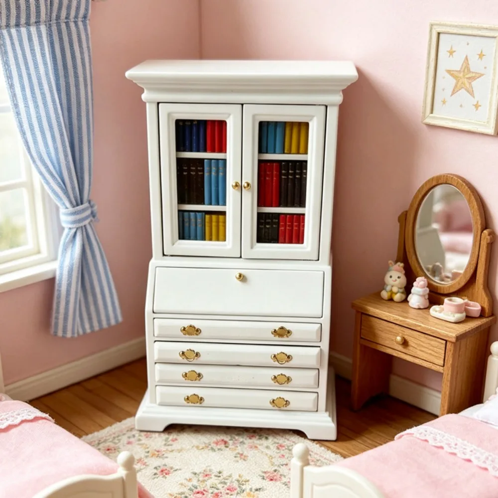 1:12 Dollhouse Miniature White Bookcase Painted Double Door Cabinet Openable Doors Drawers Colorful Book Blocks Fixed Books