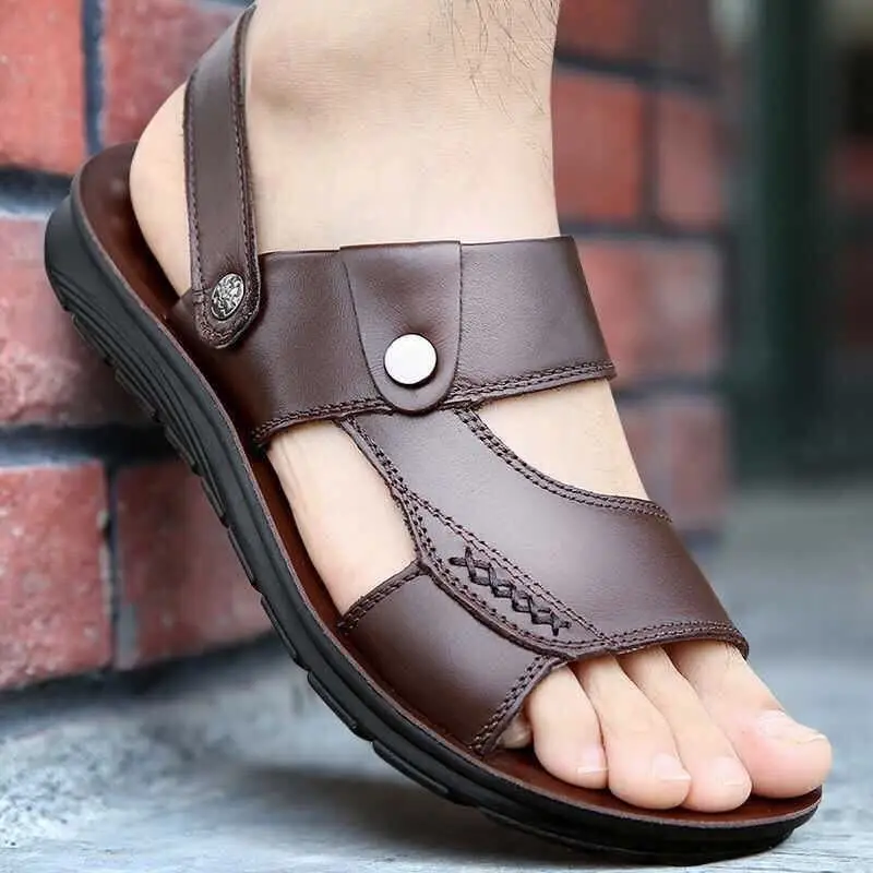 Men\'s Summer New Sandals and Slippers Men\'s Leather Sandals Adult Thick-soled Beach Shoes Non-slip Open-toe Leather Sandals