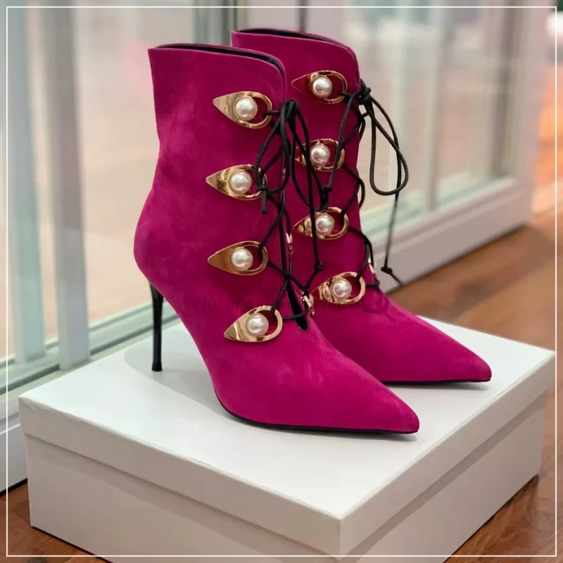 

Suede rose pink lace up ankle boots pointed toe black/brown pearls sexy thin heels booties luxury designer office party shoes