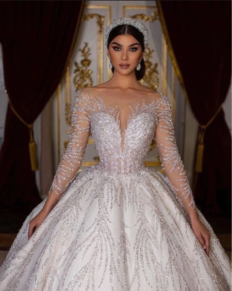 Alonlivn CUSTOM MADE Ball Gown Wedding Dress With Full Sleeve Luxury Satin Embroidery Lace Bridal Gown