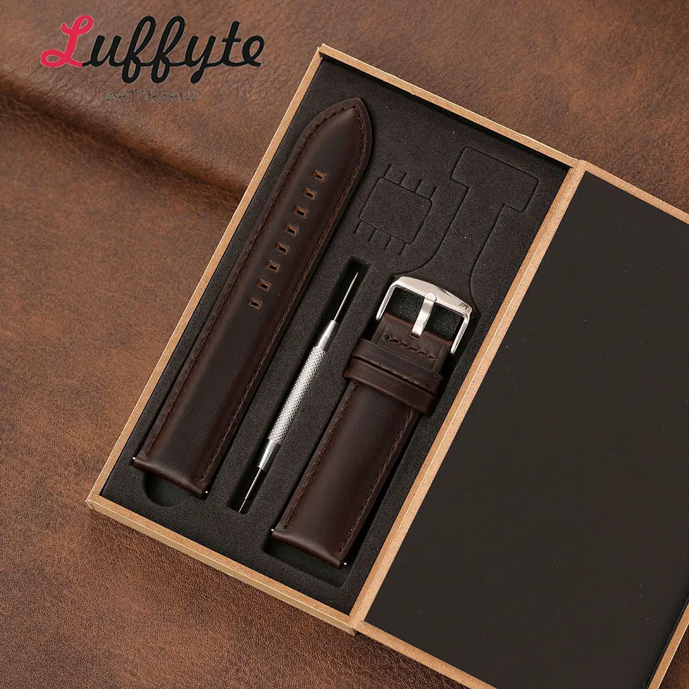 Calfskin Waxed Leather Watchband 20mm 22mm with Quick Release Spring Bar Gift Packing Box Retro Comfortable Men Wrist Strap