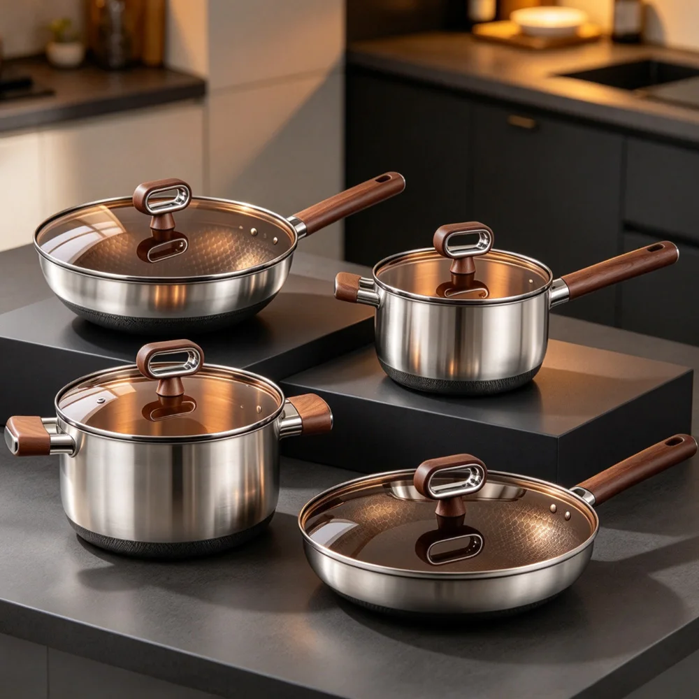 Titanium Shield 4Pcs Cookware Set 18cm Milk Pot 22cm Stockpot 28cm Pan 32cm Wok, 0-Coating Nonstick All Stove