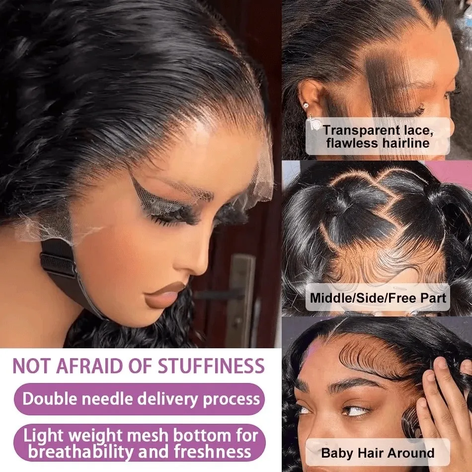 13x4 Transparent Lace Front Wigs For Women, 34 Inch Natural Black Deep Wave Loose Deep Curly Human Hair Wig, 250% Density Pre Plucked Lace Frontal