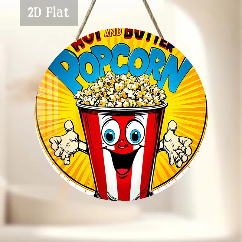 2D Flat, 1pc Fun Movie Snack Wood Panel Painting, Popcorn Humor Wooden Panel Wall Decoration, Movie Night Round Wooden Decoratio
