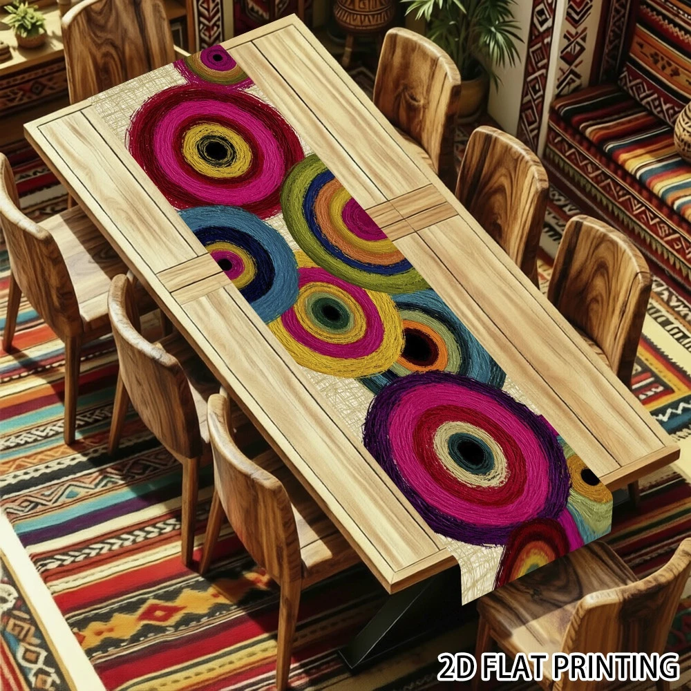 1pc Colorful Abstract Circle Print Table Runner Boho Style 2D Flat Printed Dining Table Decor for Home Kitchen Dining Room