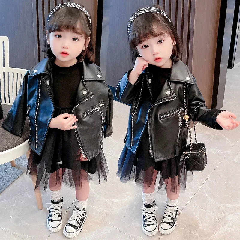 1-6 Years Old Girls Faux Leather Jacket Children PU Coat Long Sleeve Zipper Locomotive Baby Jacket XMP649