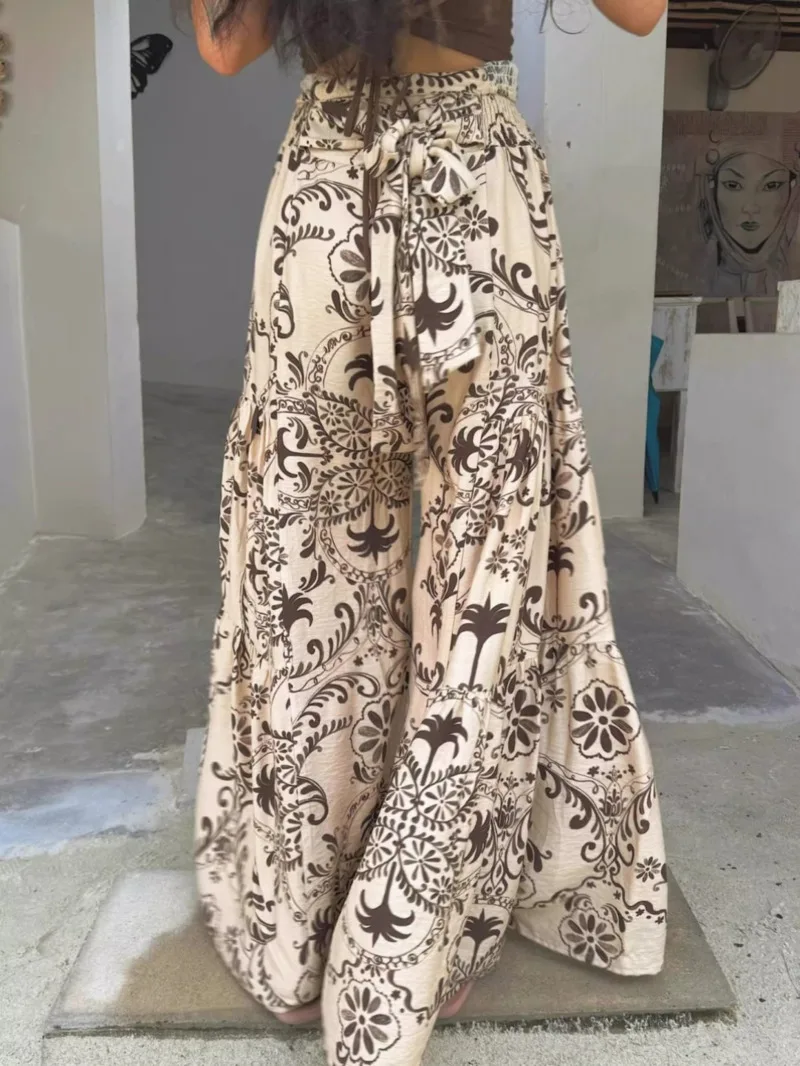 New Fashion Bohemia Flower Printed Pants Women High Waist Slim Wide Leg Trousers Holidays Beach Ethnic Thin pANTS