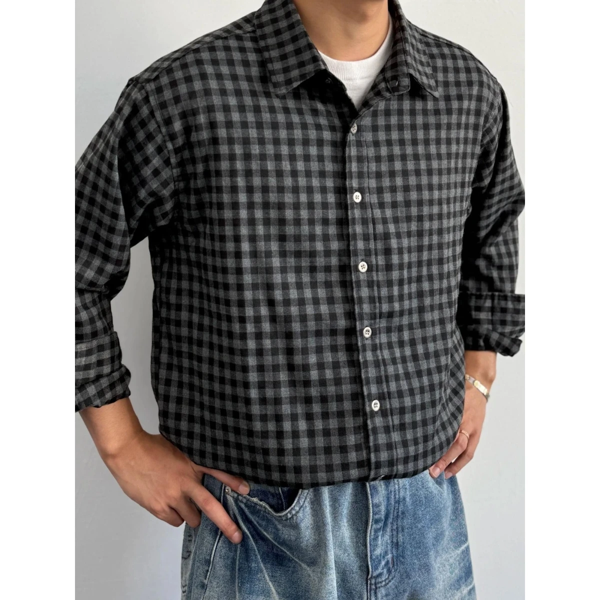 

American Retro Brued Plaid irt Long Sve Loose Commute Casual Outerwear Faionable Men's Spring Cotton Polyester Blend