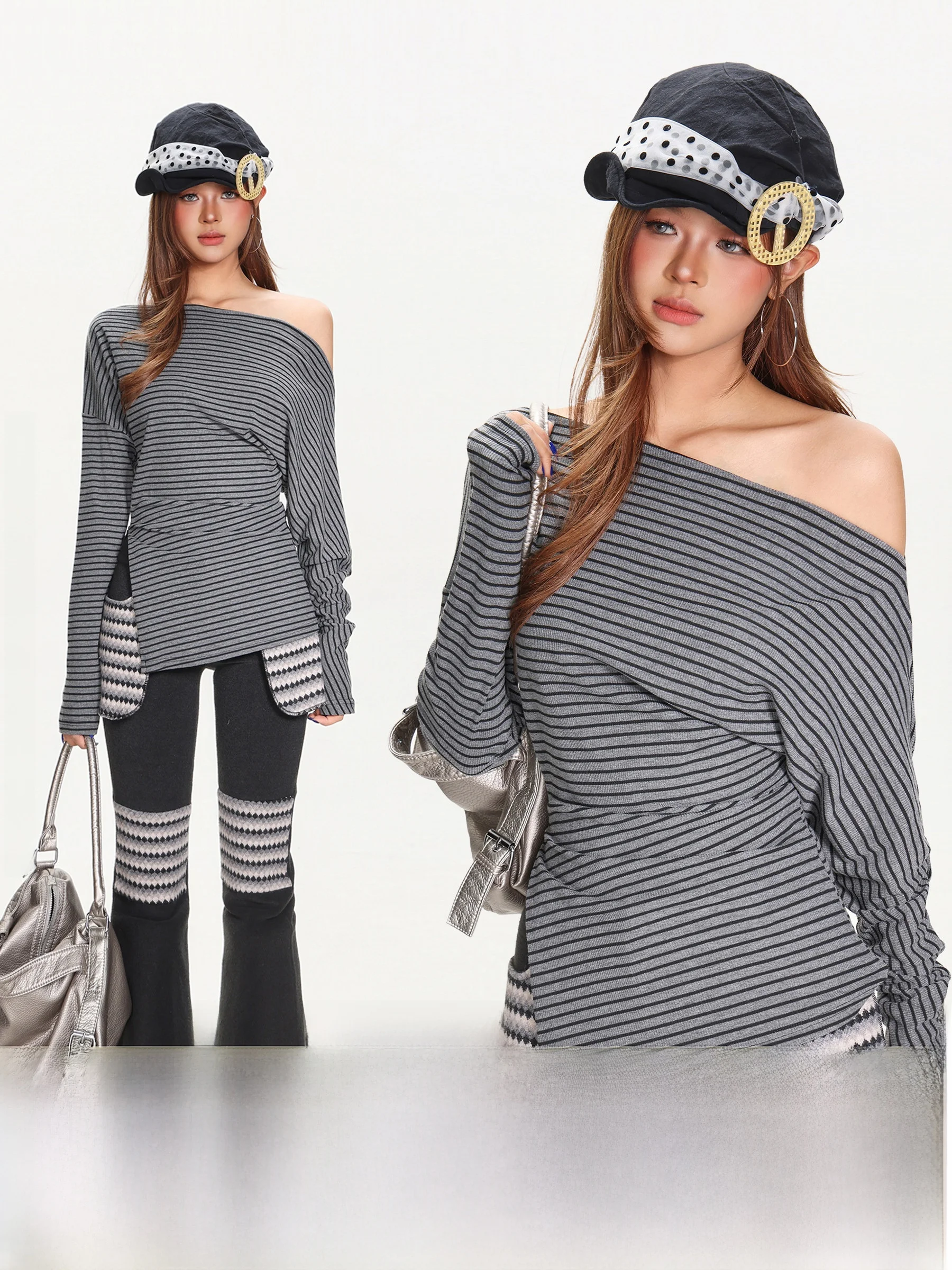 

Американская полосатая асимметричная футболка с длинным рукавом для женщин, весенняя, с высокой талией, с разрезом, повседневный полосатый топ в стиле Hot Girl