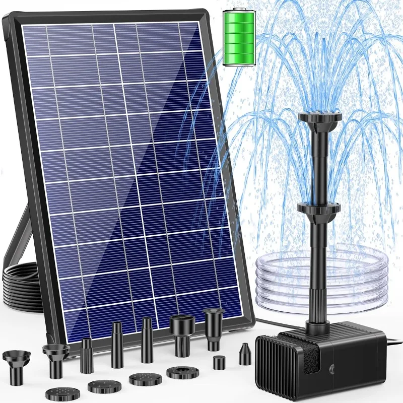 Solar Fountain Pump with 3000mAh Battery Backup, 8W Solar Powered Bird Bath Fountain with Dry-run Protection