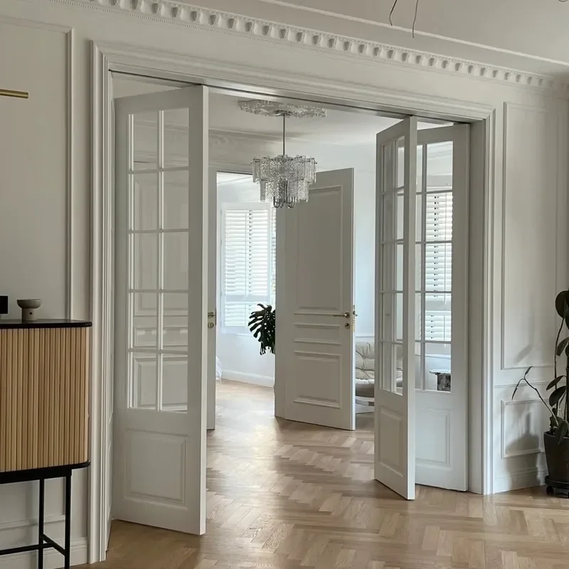 French Lattice Changhong Glass Solid Wood Folding Door White Lacquered Bedroom Double Door Composite Multi-layer Wooden Door