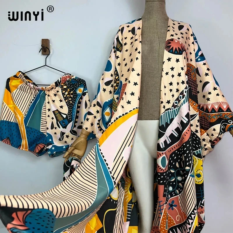 WINYI-Conjunto de dos piezas con estampado bohemio para mujer, vestido largo hasta el suelo de manga larga, kimono de vacaciones, novedad de verano