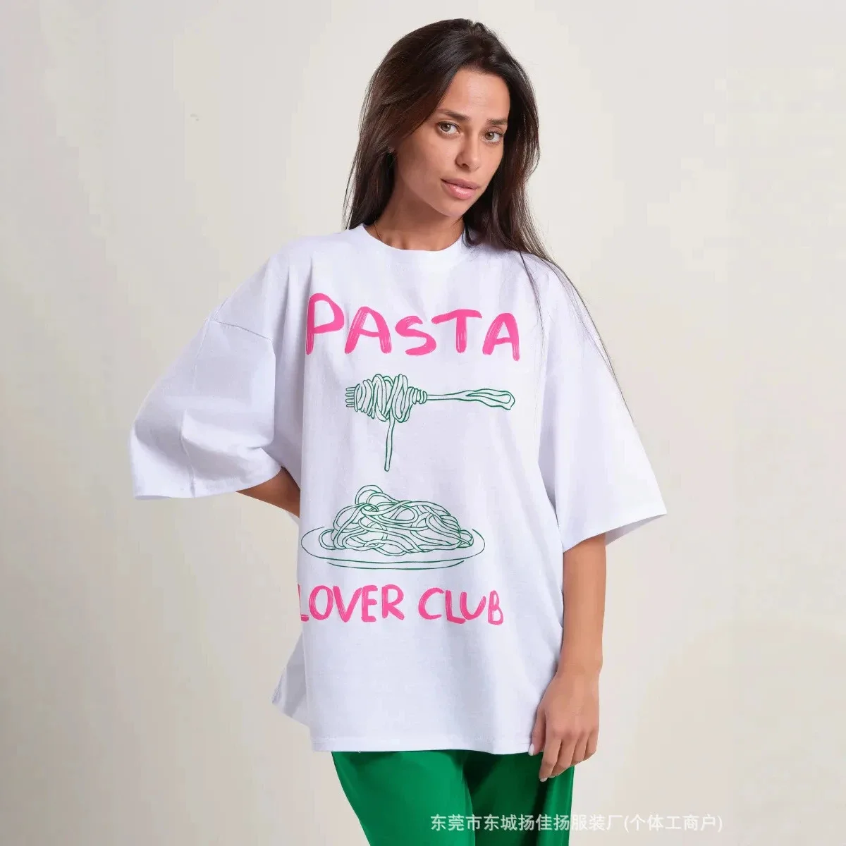 Cute Food Lover White Oversized Tee Hot Pink Pasta Lover Club Sweet Fun Graphic Top Loose Soft 100% Cotton Brunch Street T Shirt