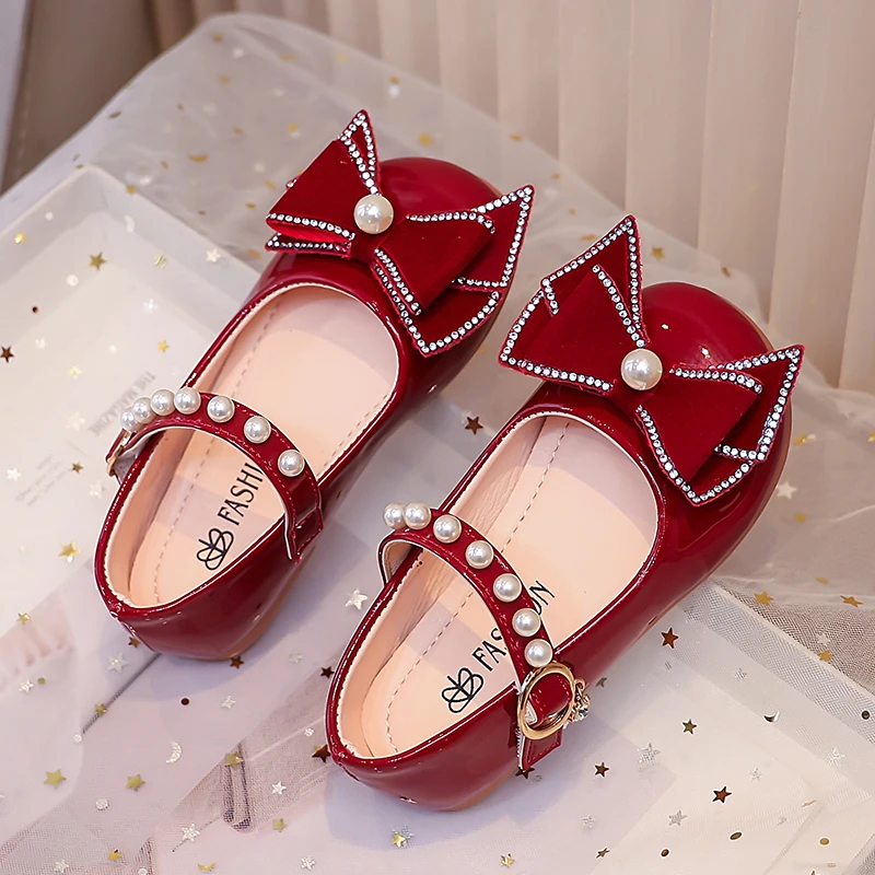 Princess Style Little Girls Leather Shoes with Big Bow 2025 New Autumn Kids Wine Red Mary Jane Ballet Flats Soft Sole Elegant