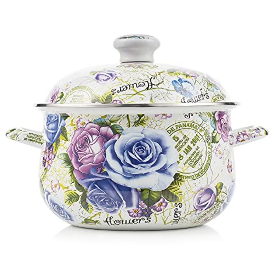 Retro Flower Enamel Stockpot with Lid, Stockpots for Cooking, Retro Classic Design 5L-Blue Rose