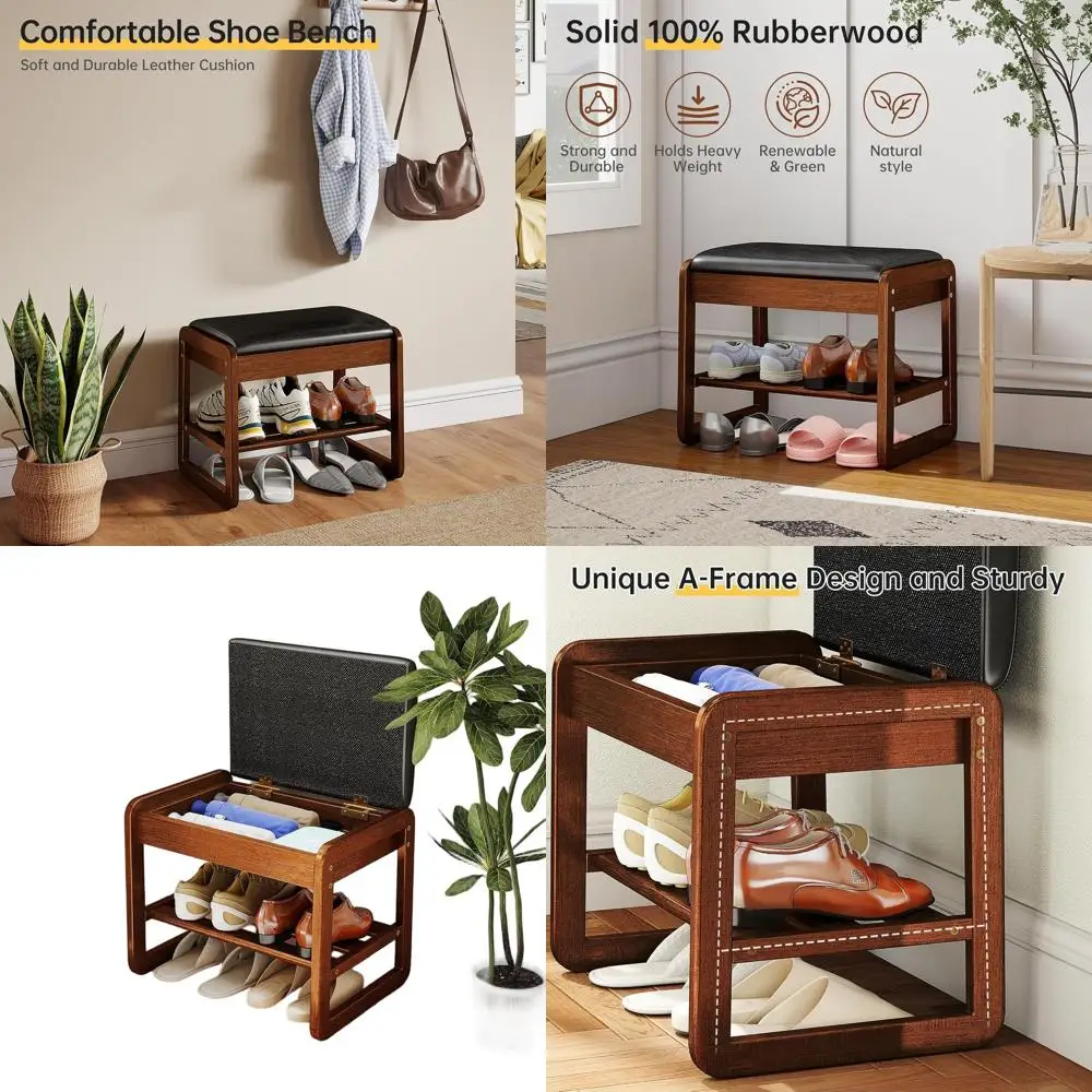 2-Tier Wooden Shoe Rack Organizer with Cushion for Entryway, Mudroom, Hallway, Closet, and Front Door Entrance