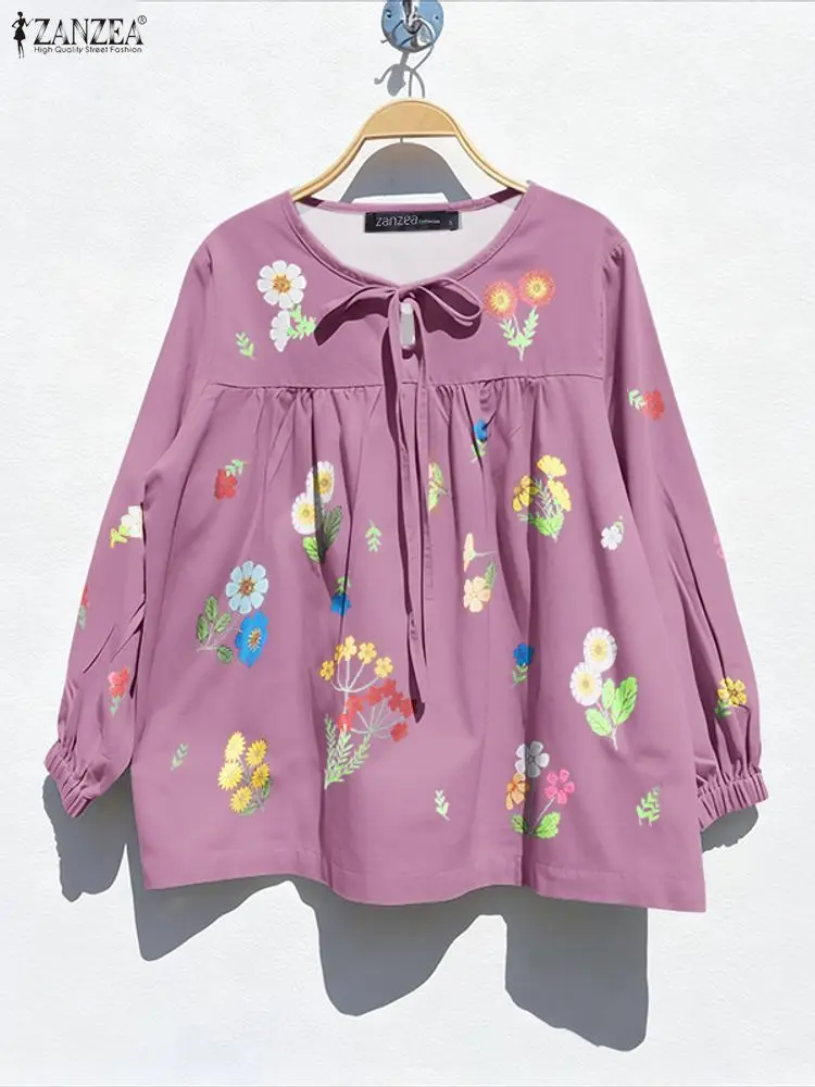 

ZANZEA женские блузки с цветочным принтом, осень 2021, новые топы с рукавами-фонариками и круглым вырезом на шнуровке, повседневная повседневная одежда, женская одежда 3XL