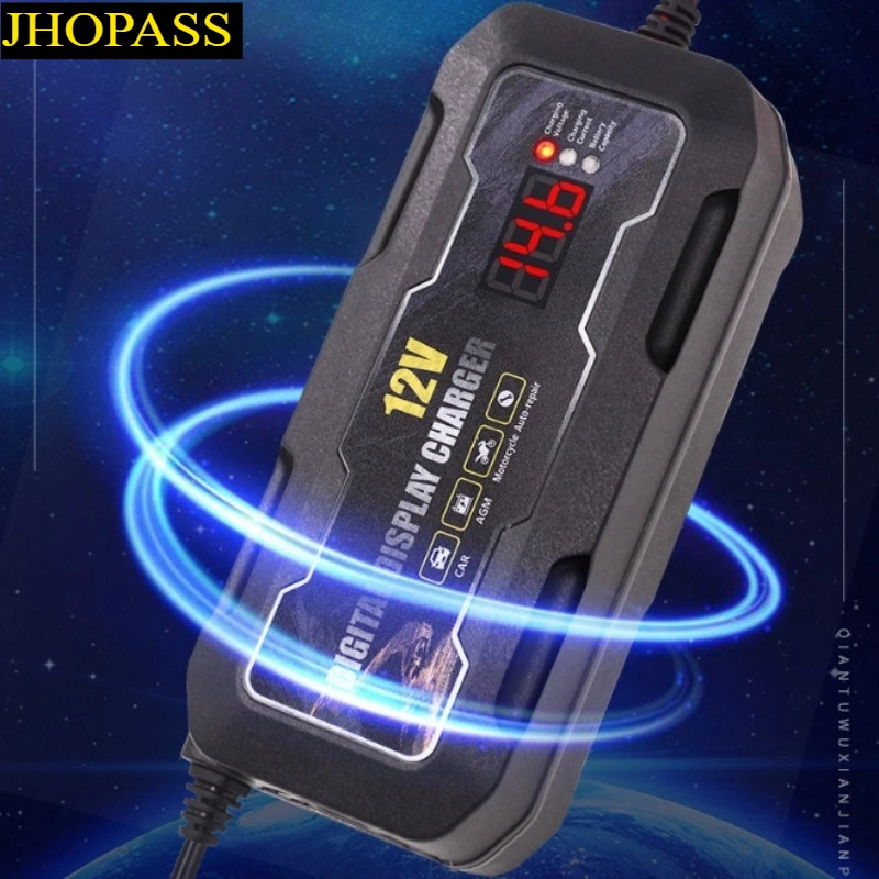 HD 12V 6AスマートLCDディスプレイ搭載鉛蓄電池充電器、バイク、電動自転車、スクーター、車用、AC110V-220V対応、EU、AU、US、UKプラグ付き