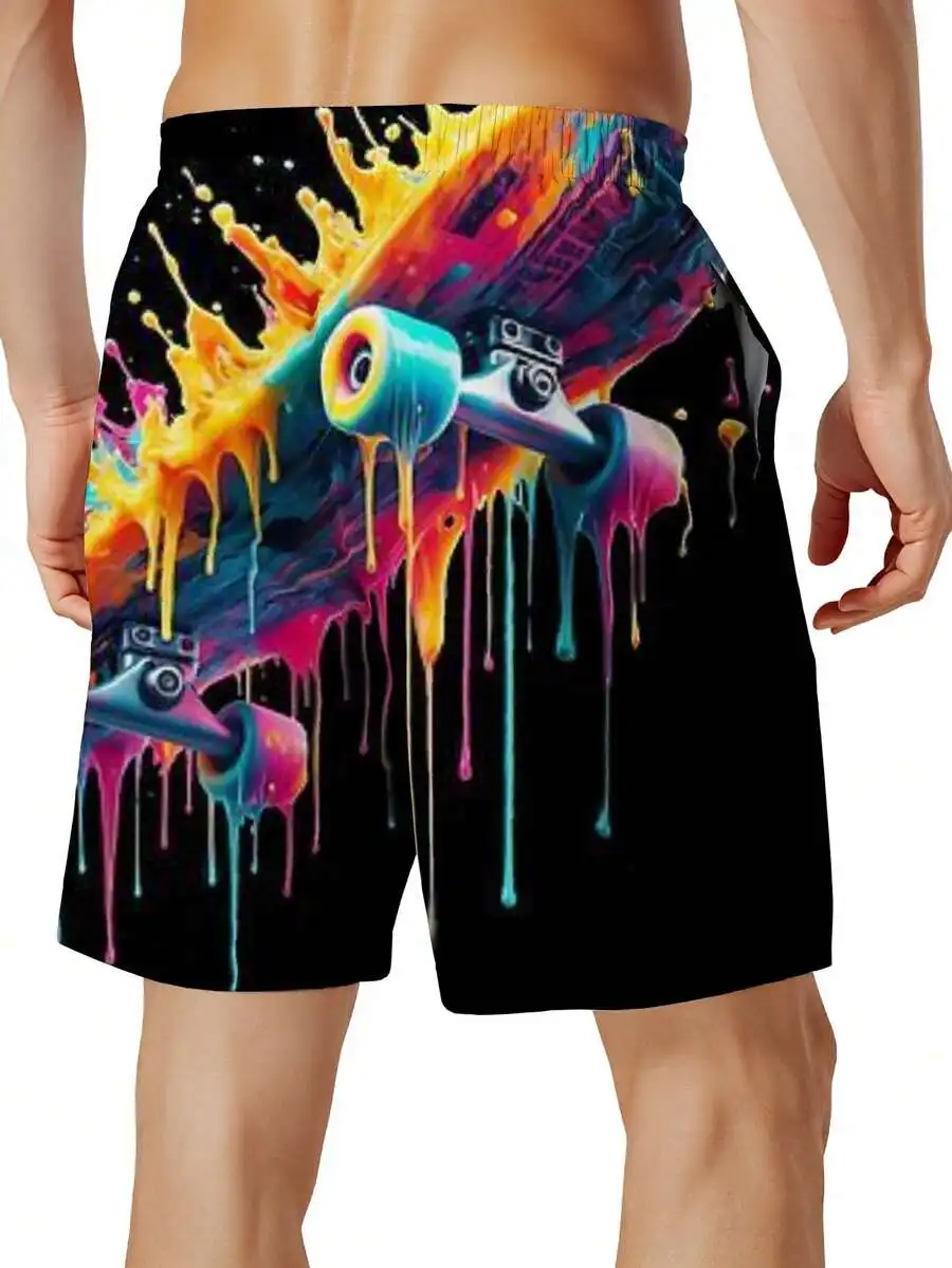 

Colorful Skateboard Paint Splash Mens Beach Board Shorts With Drawstring
