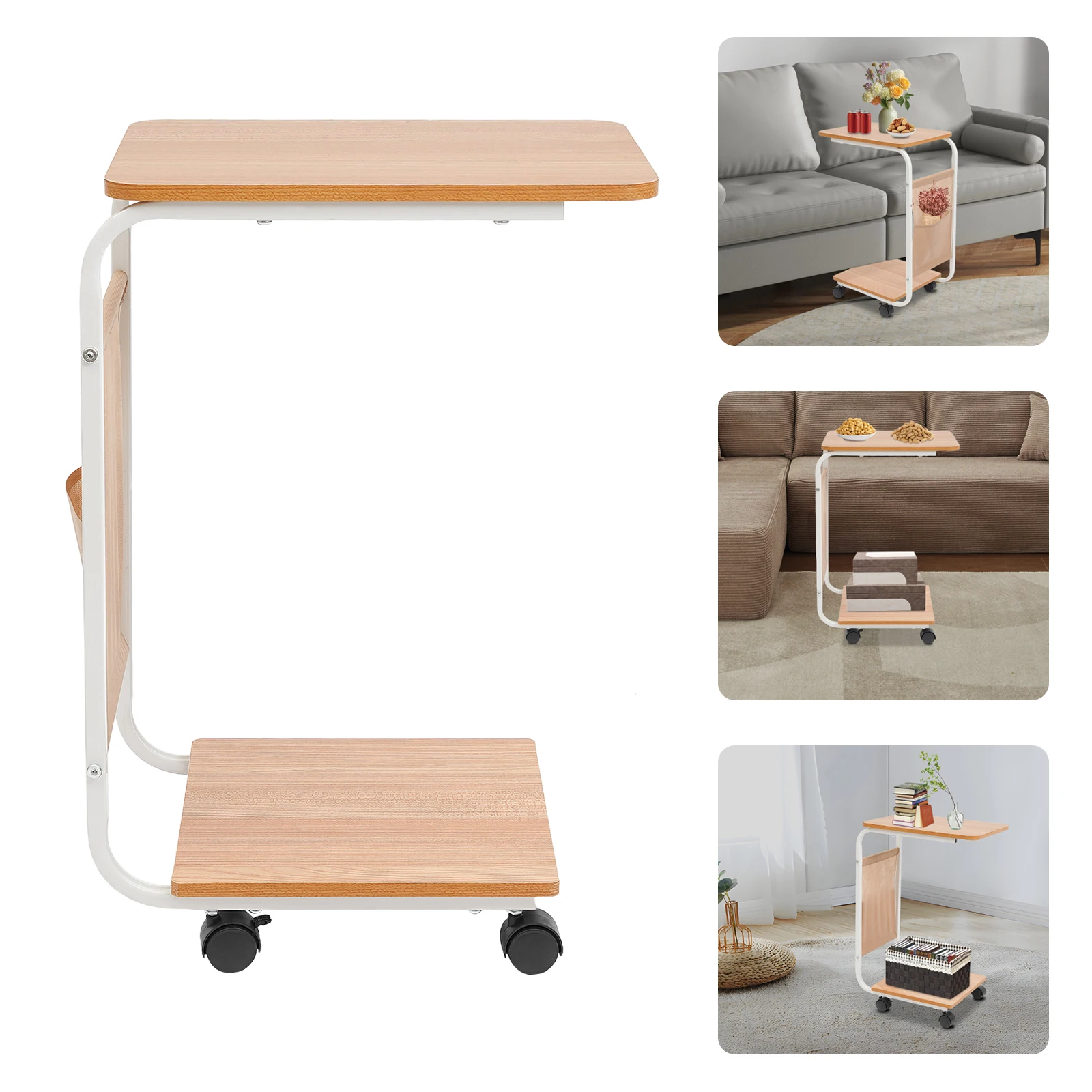 

C-образный приставной столик из МДФ, черный/коричневый/деревянный 2-х ярусный маленький столик C с колесиками, напольный для дивана и кровати