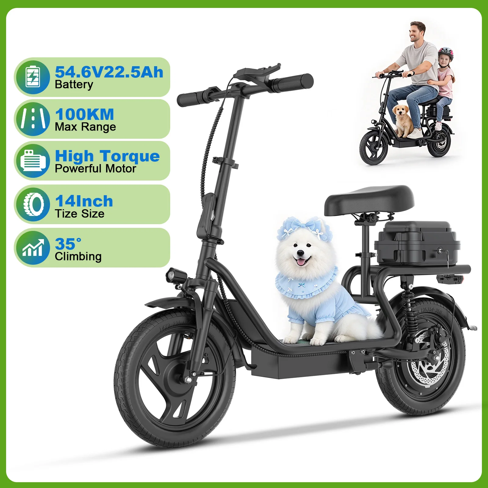 JUICEASE EP2 PRO elektrische fiets voor volwassenen, 54,6V 22,5Ah batterij met hoge capaciteit, 100 km actieradius, 14 inch, dubbele vering, 35 ° Elektrische scooter voor woon-werkverkeer met
