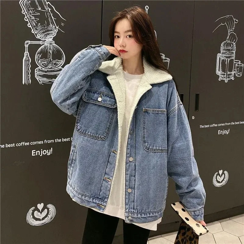 Warm Denim Jacket Women\'s Autumn Winter 2023 New Korean Lamb wool Plush Thicken Loose Jeans Jackets Casual Female Basic Coat