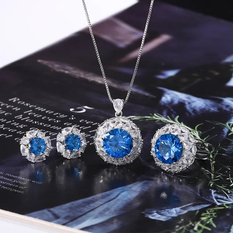 S925 Silver Plated 18K Gold Plated PT950 Platinum Blue Spindle Round Temperament Light Luxury Suit Women 12-7mm